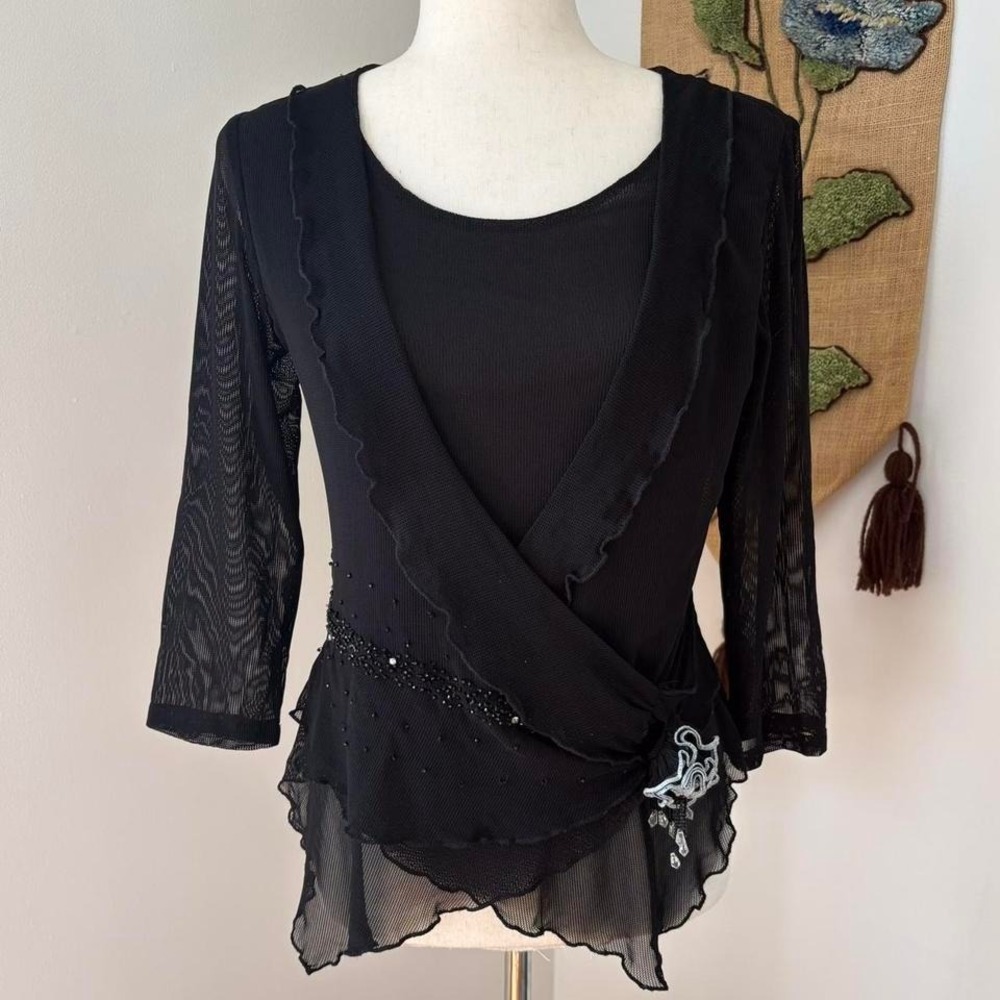 Euro Asymmetrical Beaded Mesh Blouse